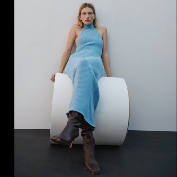 Zara Blue Tube Halter Fitted Midi Dress Size XS-S - Picture 11 of 16